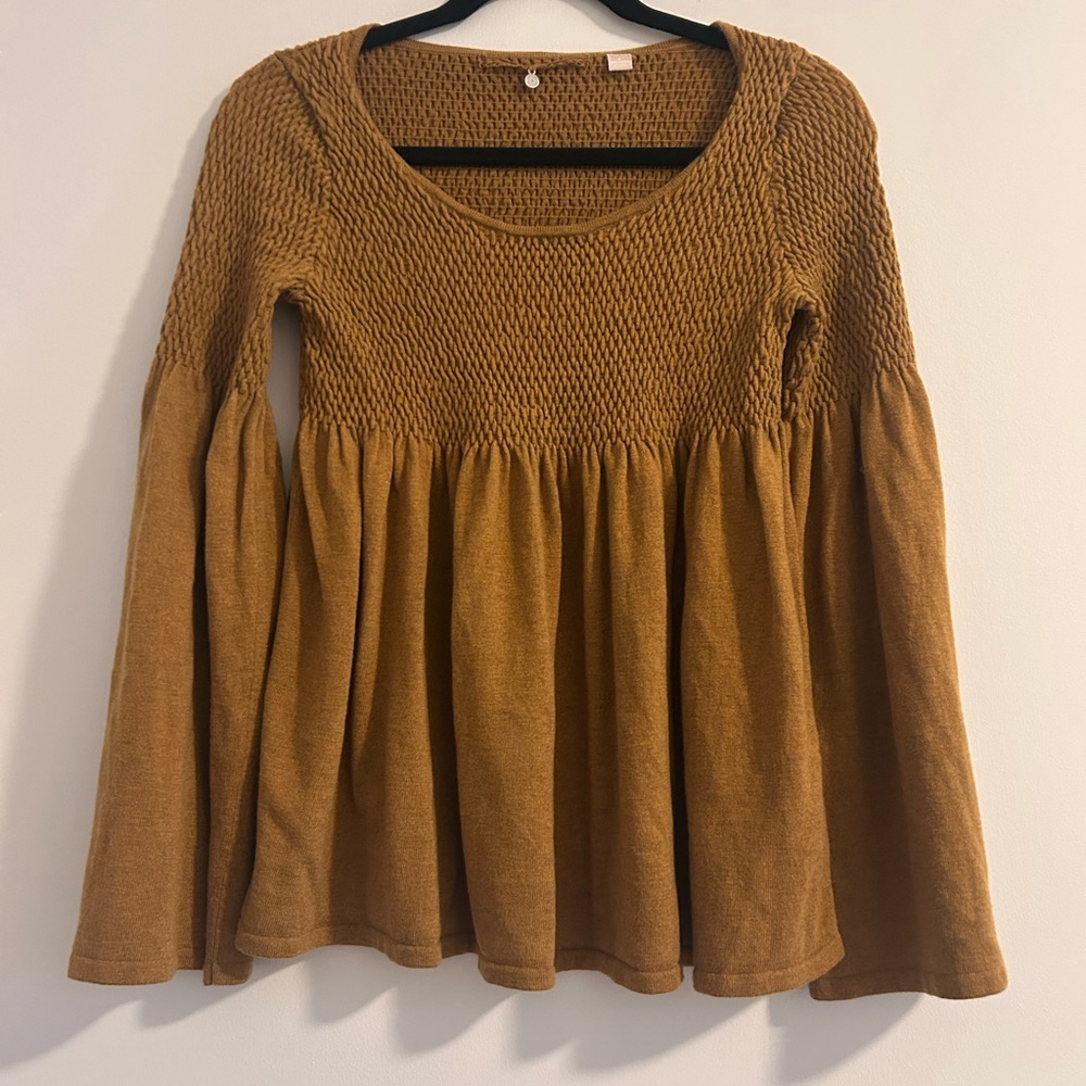 Anthropologie Tan Knit smocked sweater